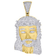 10K Yellow Gold White Diamond 2 Inch Mini Jesus Piece Head Cross Pendant 1/2 Ct.