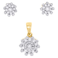 10K Yellow Gold Diamond Flower Shape Earring Studs & Pendant Charm Set 0.16 CTW.