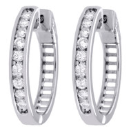 10k White Gold Genuine Diamond One Row Channel Set 1" Huggie Hoop Earrings 1 CT.