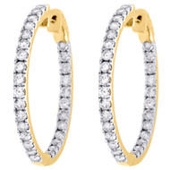 10K Yellow Gold Diamond In & Out Hoops Round Hinged Earrings 1.25" Long 3 CT.