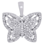 10K White Gold Real Diamond Double Frame Butterfly Pendant 0.65" Charm 1/4 CT.