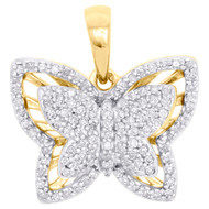 10K Yellow Gold Real Diamond Double Frame Butterfly Pendant 0.65" Charm 1/4 CT.