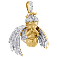 10K Yellow Gold Diamond Halo 3D Baby Angel Pendant 3D Wings 1.2" Charm 0.94 CT.