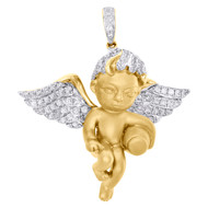 10K Yellow Gold Diamond Cherub Baby Angel Pendant 1.50" Brushed Charm 0.89 CT.