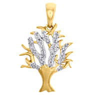14K Yellow Gold Diamond Tree of Life Pendant Textured 0.85" Long Charm 0.10 CT