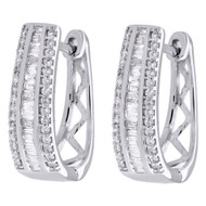 10K White Gold Baguette Diamond Huggie Ladies Oval Hoop Earrings 0.65" 0.50 CT.