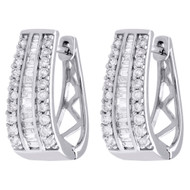 10K White Gold Baguette Diamond Huggie Ladies Oval Hoop Earrings 0.75" 1 CT.