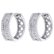 10K White Gold Diamond 3 Row Mini Huggies / Hoops 0.60" Pave Earrings 0.40 CT.