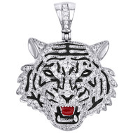 10K White Gold 3D Tiger Face Round Diamond Pendant 1.70" Mens Charm 1.58 CT.