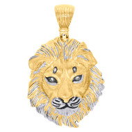 Solid 10K Yellow Gold Genuine Diamond Lion Face Texture Pendant 2" Charm 0.03 CT