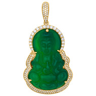 10K Yellow Gold Diamond Meditating Buddha Pendant Synthetic Jade Charm 1.23 CT.