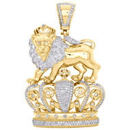 10K Yellow Gold Diamond Crowned Lion Badge King Hat Pendant 2.45" Charm 1.79 CT.