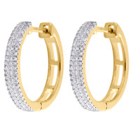 10K Yellow Gold Genuine Diamond 3 Row Mini Hoops Earrings 0.60" Pave Set 1/5 CT.