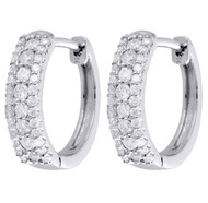 10K White Gold Real Diamond Mini Tier Hoops / Huggies 0.55" Earrings 0.48 CT.