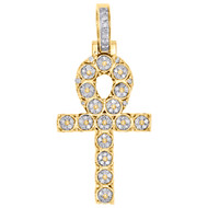 10K Yellow Gold Genuine Diamond Ankh Cross Pendant 1.35" Cluster Charm | 0.32 CT
