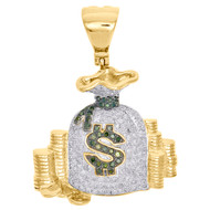 10K Yellow Gold Green Diamond Money Bag Stacked Coin Pendant 1.45" Charm 0.92 CT