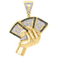 10K Yellow Gold Green Diamond $100 Dollar Bills in Hand Pendant 2" Charm 0.92 CT
