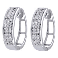 10k White Gold Three Row Real Diamond 20mm Pave Set Huggie Hoop Earrings 0.22 CT