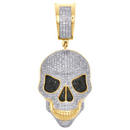 10K Yellow Gold White & Black Diamond Scary Skull Pendant Charm 1.70" | 0.76 CT.