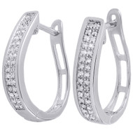 .925 Sterling Silver Diamond Hoops Ladies 2 Row Pave Huggie Earrings .33 Ct.