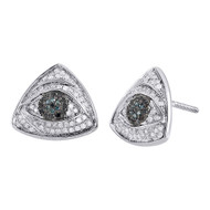 Blue Diamond Evil Eye Studs 10K White Gold Round Pave Triangle Earrings 0.55 Ct.
