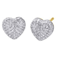 10K Yellow Gold Real Diamond Heart Shape Studs Puffed 3D Pave Earrings 0.54 CT.