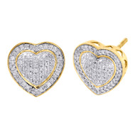 10K Yellow Gold Real Diamond Heart Shape Studs 3D Double Frame Puff Earrings 1/2 CT.