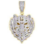 10K Yellow Gold Mens Round Diamond Tiger Cat Pendant 1.65" Pave Charm 0.94 CT.
