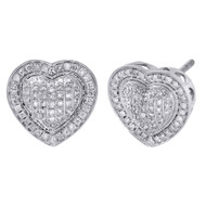 10K White Gold Diamond Heart Shape Studs Double Frame Dome Puff Earrings 1/2 CT.
