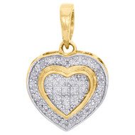10K Yellow Gold Round Diamond Double Frame Heart Pendant 0.7" Pave Charm 0.15 CT