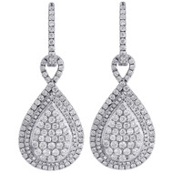 14K White Gold Teardrop Diamond Dangle Drop Earrings Round Cut Pave 2.33 Ctw.