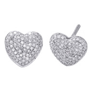 10K White Gold Diamond Heart Shape Dome Studs Ladies Puff Pave Earrings 1/2 CT.
