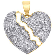 Sterilng Silver & Diamond Broken Heart Pendant 0.95" Statement Charm 0.62 CT.