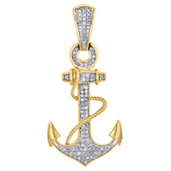 10K Yellow Gold Diamond Ship Anchor Sailor Rope Pendant 1.65" Pave Charm 0.31 CT