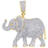10K Yellow Gold Genuine Diamond Elephant Trunk Pendant 1.55" Pave Charm 1.74 CT.