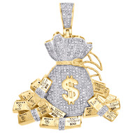 10K Yellow Gold Diamond Money Bag 100 Dollar Stacks Pendant 1.85" Charm 0.97 CT.