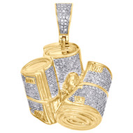 10K Yellow Gold Diamond $100 Dollar Money Roll Pendant Charm 1.55" | 0.59 CT.