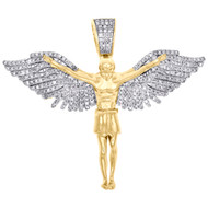 10K Yellow Gold Mens Round Pave Diamond Flying Angel Pendant 1.50" Charm 3/4 CT.