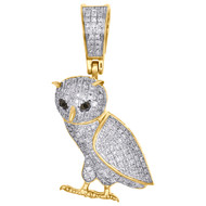 10K Yellow Gold Genuine Diamond Standing Owl Bird Pendant 1.20" Charm 0.34 CT.