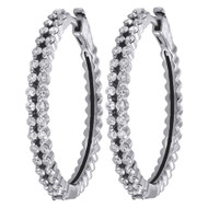 Diamond Hoop Earrings Ladies 10K White Gold 2 Row Round Cut Prong Set 1 Ctw.