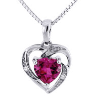 Diamond Heart Pendant 925 Sterling Silver Created Pink Sapphire w/ Chain 1.22 Ct