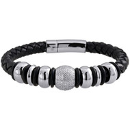 Diamond Beaded Ball Bracelet Arctica Mens Leather Strand Stainless Steel 1.80 Ct