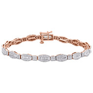 10K Rose Gold Round & Baguette Cut Diamond Bracelet 7" Hexagon Frame Link 1 CT.