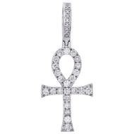 10K White Gold Real Diamond Prong Set Ankh Cross Pendant 1.40" Charm 1/2 CT.