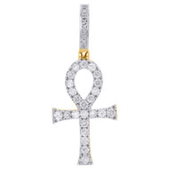 10K Yellow Gold Real Diamond Prong Set Ankh Cross Pendant 1.40" Charm 1/2 CT.