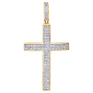 10K Yellow Gold Real Diamond Dome Cross Pendant 1.40" Unisex Pave Charm 0.25 CT.
