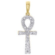 10K Yellow Gold Genuine Diamond Ankh Cross Pendant Prong Set 1.15" Charm 0.10 CT