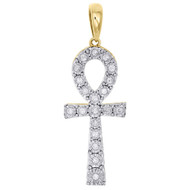 10K Yellow Gold Genuine Diamond Ankh Cross Pendant Prong Set 1.35" Charm 1/4 CT.