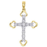 10K Yellow Gold One Row Cross 1.30" Genuine Diamond Pendant Prong Charm 0.10 CT.