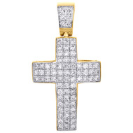10K Yellow Gold Real Mini Diamond 3 Row Dome Cross Pendant 1.10" Charm 0.60 CT.